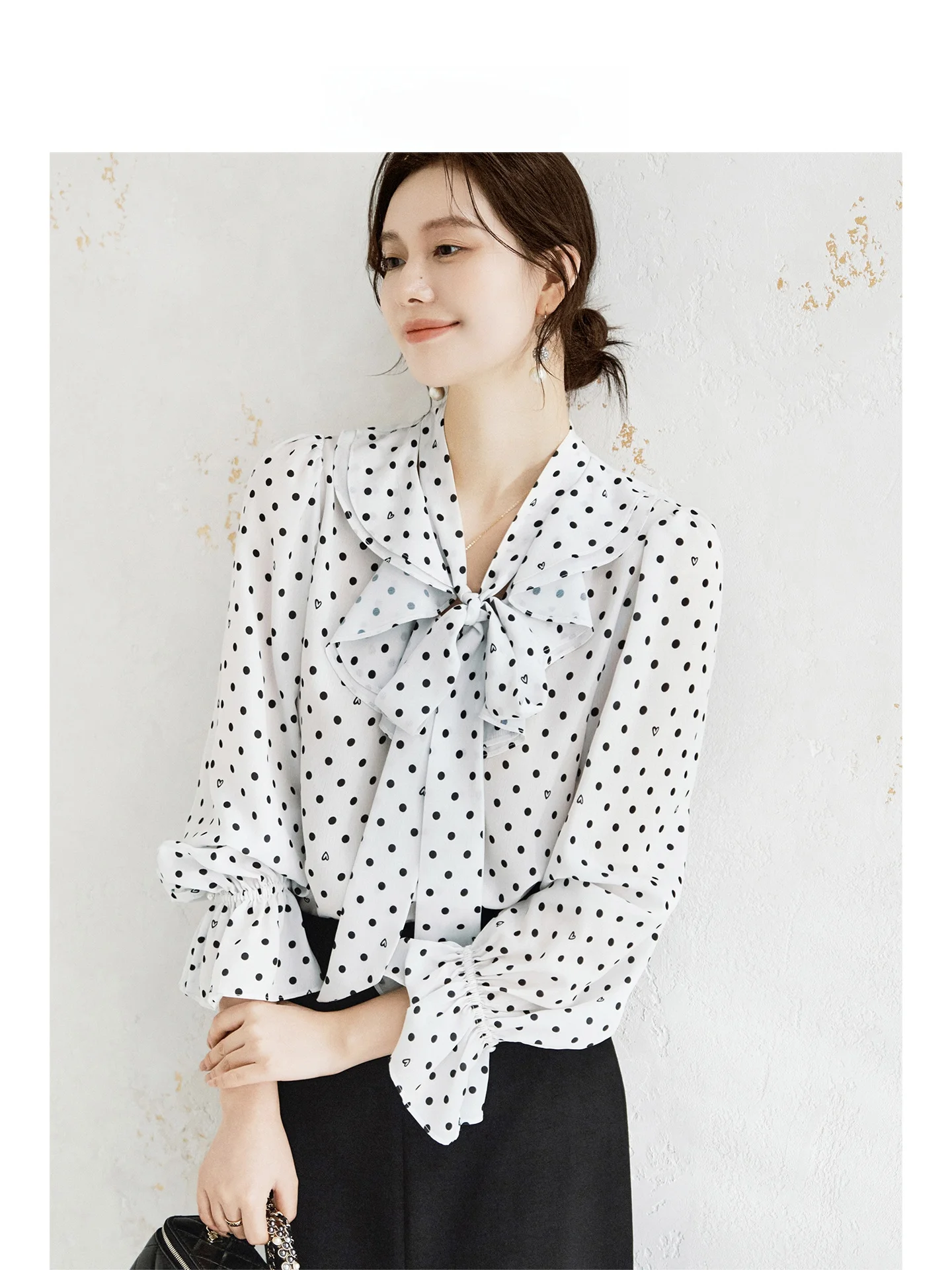 

OFFIY Нежный женский топ в горошек Весна-Лето 2026: Уникальный, красивый, дышащий, с длинными рукавами, во французском стиле