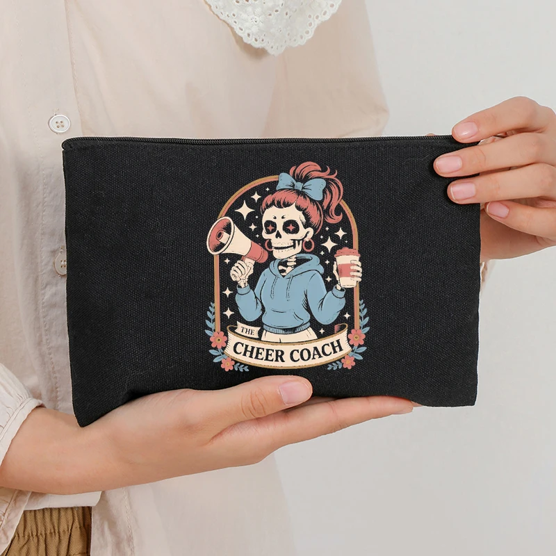 

Playful Cheer Coach Halloween Gift Makeup Bag, Sporty Skeleton with Megaphone Design, Cosmetic Bag for Women Retro Fun Accessory