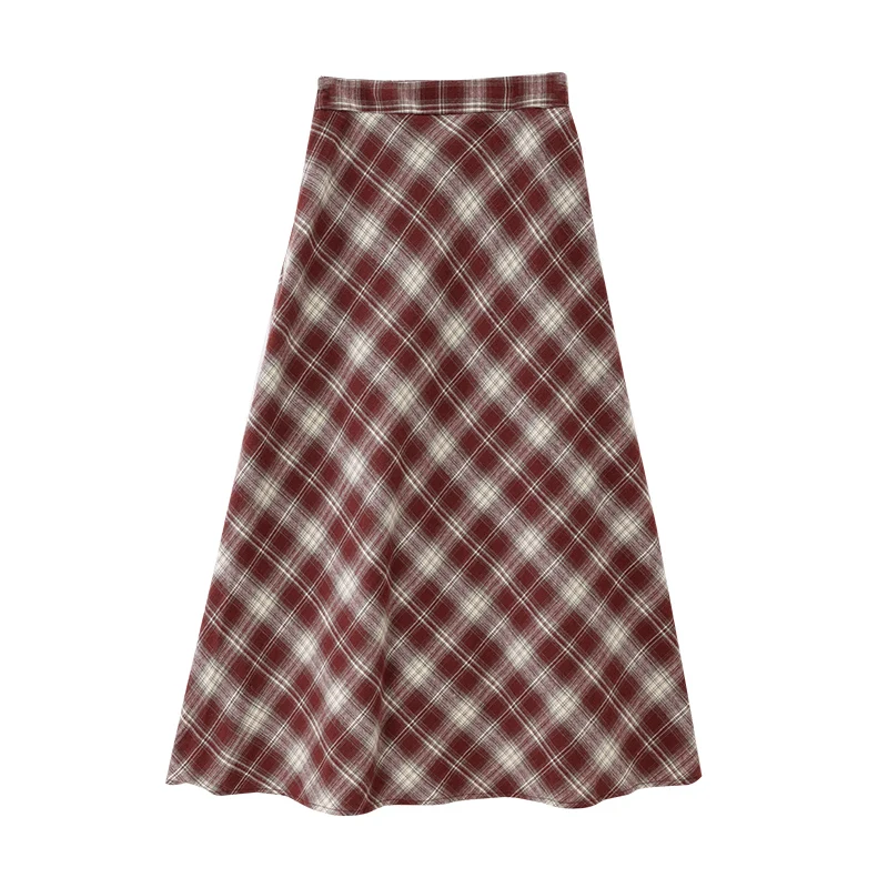 

ALXNAN Plus Size Red Plaid Vintage Skirt High-waist Long A-line Pleated Cotton Women's Skirt Elegant Office Lady Clothing D12329