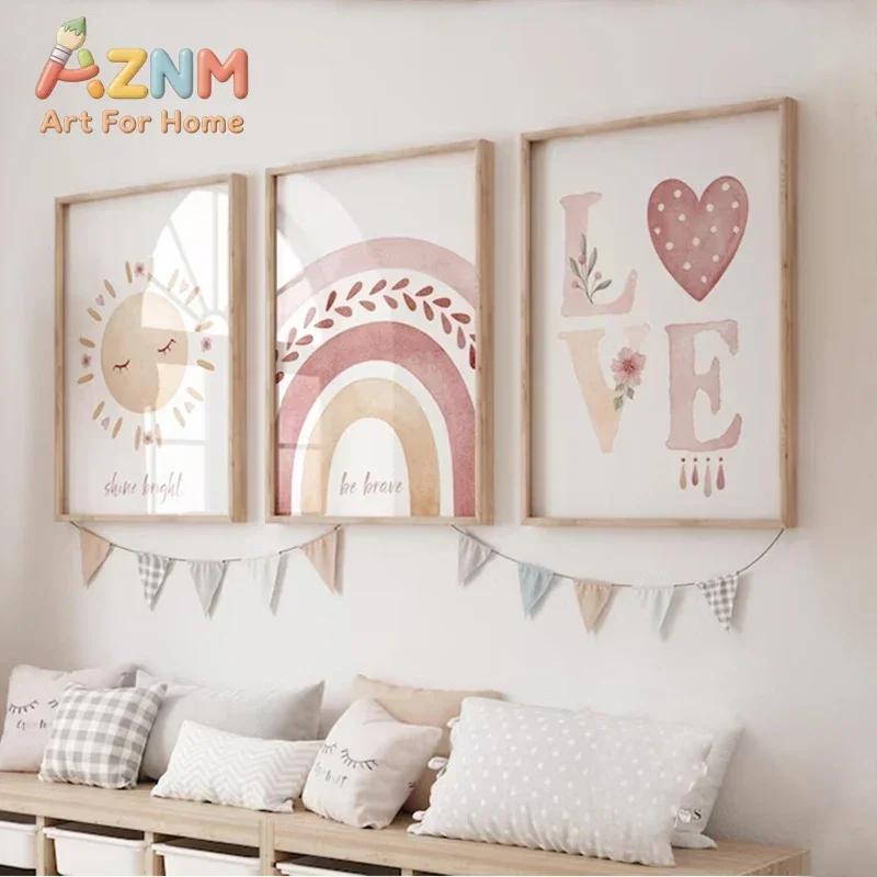 Bohemian Style Rainbow Series Canvas Painting Pink Sun Love Heart Cosy Wall Art Girls Bedroom Trend Decoration Unframed Poster