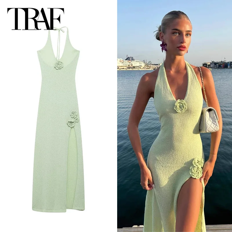

TRAF Green Floral Sexy Halter Dress 2025 Women Bow Lace-Up Long Knitted Dress Fashion Casual Elegant Beach Party Dress Vestidos