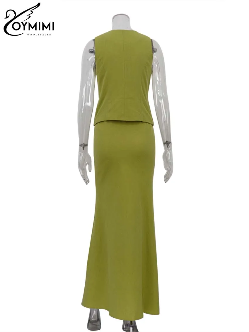 Oymimi-Ensemble 2 pièces en coton vert pour femme, tenue élégante, col en V, fibre à lacets, précieux Y +, jupe longue au sol simple, mode