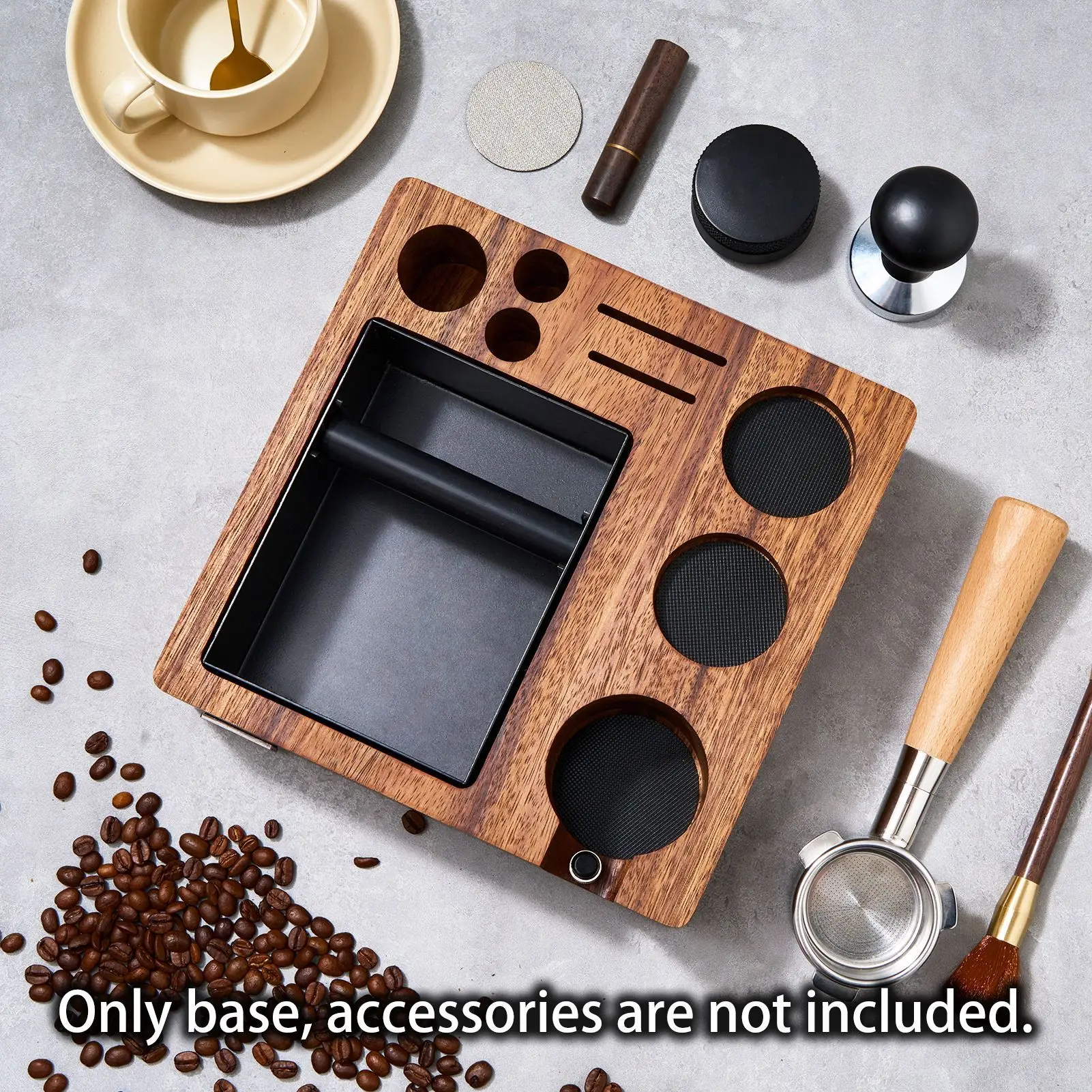 JUSTINLAU Wooden Coffee Tamper Station Walnut Beech Espresso Organizer with Knock Box 54/58mm for Barista Home Coffee Shop Use