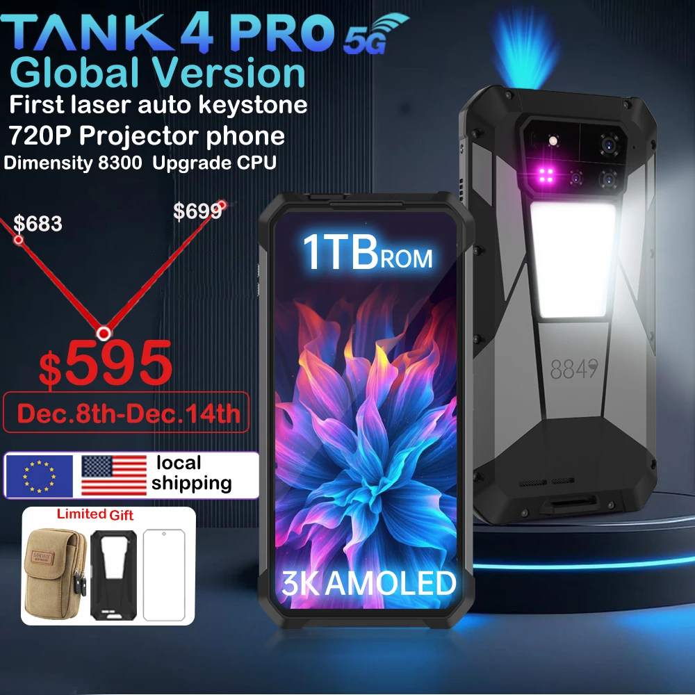 8849 Tank 4 Pro Unihertz 5G Rugged Projector Smartphone 36G 1TB Android 14 Sports Phone 11600mAh Dimensity8300 AMOLED 120HZ