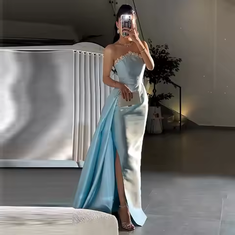 Luxury Evening Dresses for Women 2025 Sky Blue Satin Side Slit Column Evening Gown Long Draped Beaded Rhinestone Party Dress