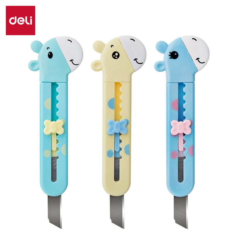 Deli 1-3p Kawaii Mini Pocket Giraffe Art Utility Knife Express Box Knife Paper Cutter Craft Wrapping Refillable Blade Stationery