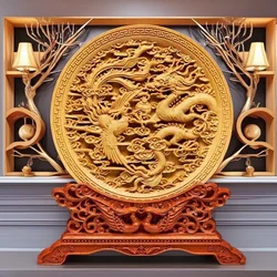 Wood carving Dragon and Phoenix Round Carving Art Statue Mascot High quality home room, office decoration accessories