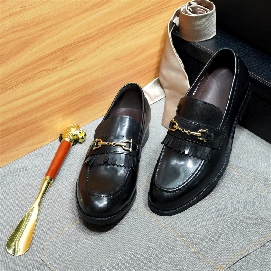 حذاء بدون كعب مصنوع يدويًا من الجلد الطبيعي مزين بشراشيب رسمي للمكتب والزفاف والأعمال غير الرسمية وتواريخ العمل اليومي