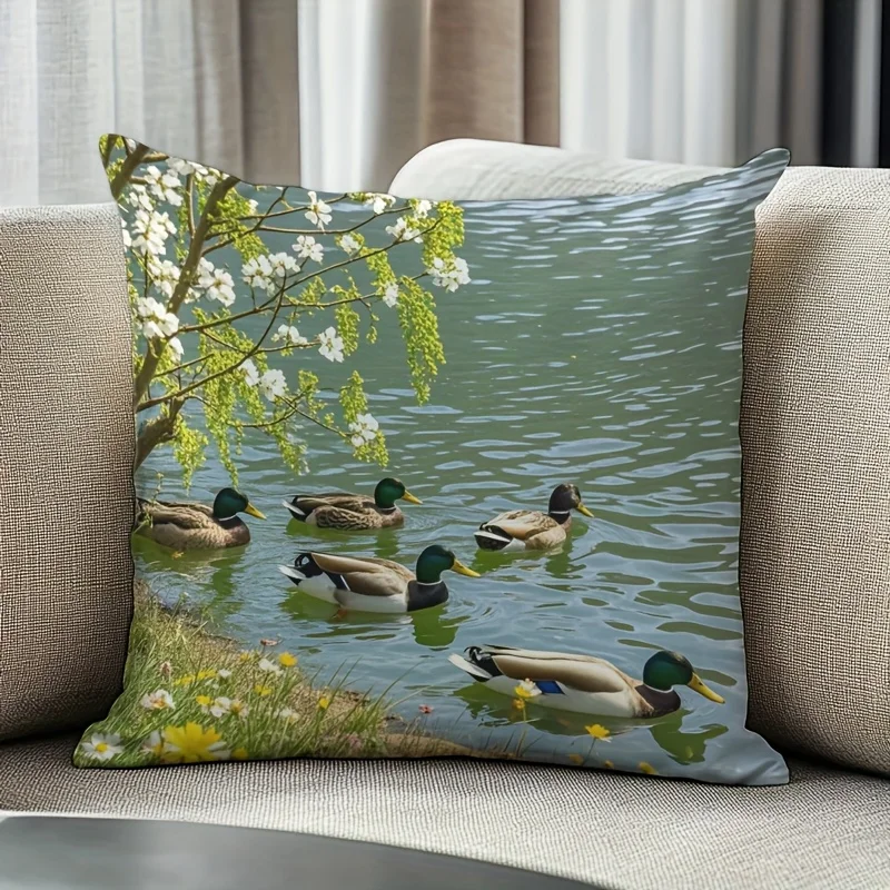 1pc Duck Illustration Pillow Cover 45x45cm – Pond Scene with Blossoms, Printed Cotton-Poly, Zipper Closure, Washable, No Insert