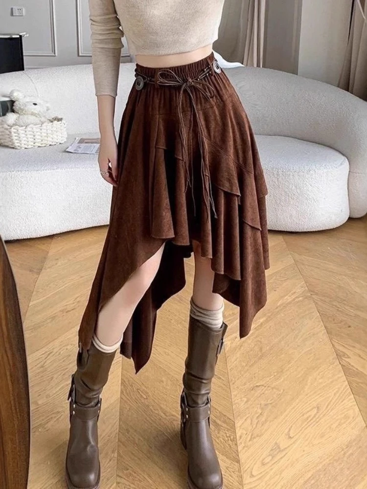 Autumn Winter American Retro Asymmetry Suede Midi Skirt Woman Bohemian Style Vintage Retro A-Line Skirts Lady Casual Long Skirts
