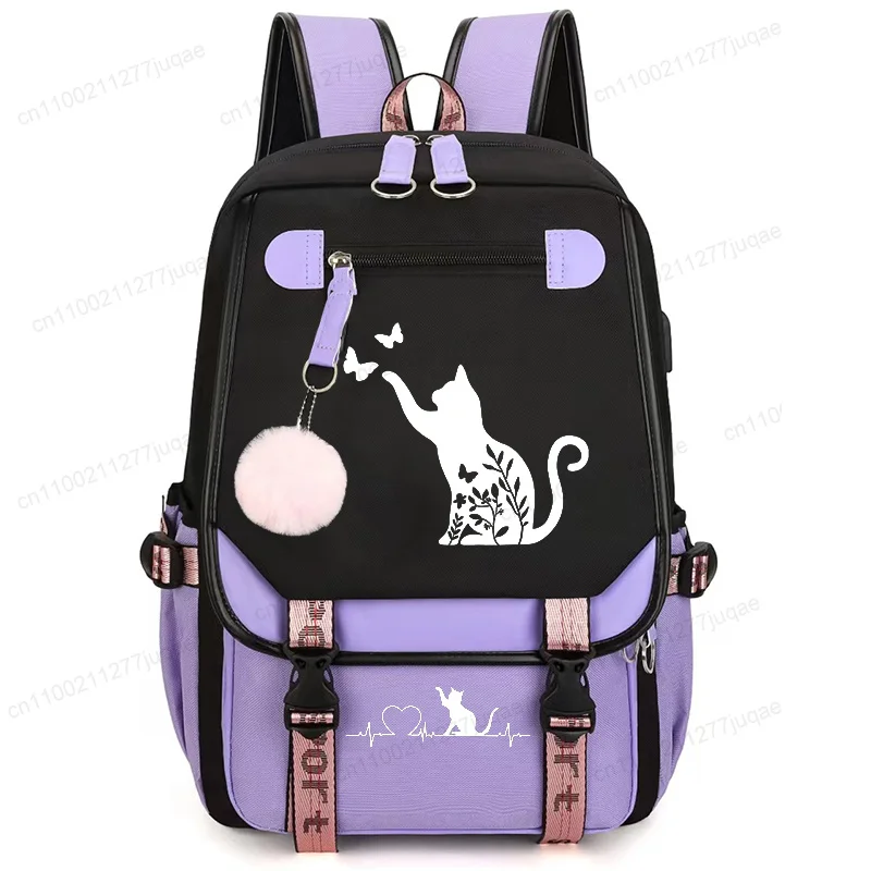 Mochila floral com estampa de gato e borboleta, mochila escolar para adolescentes, mochila casual para viagem, bolsa escolar para meninas, mochila de armazenamento para o campus