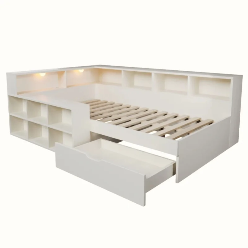 Weißes Holz-Tagesbett mit Aufbewahrungsschubladen und offenem Regal, Einzelbett, Funktionales Stauraumbett für Schlafzimmer, Gästezimmer, Kinderzimmer, Studentenwohnheim, Platzsparender Holzbettrahmen