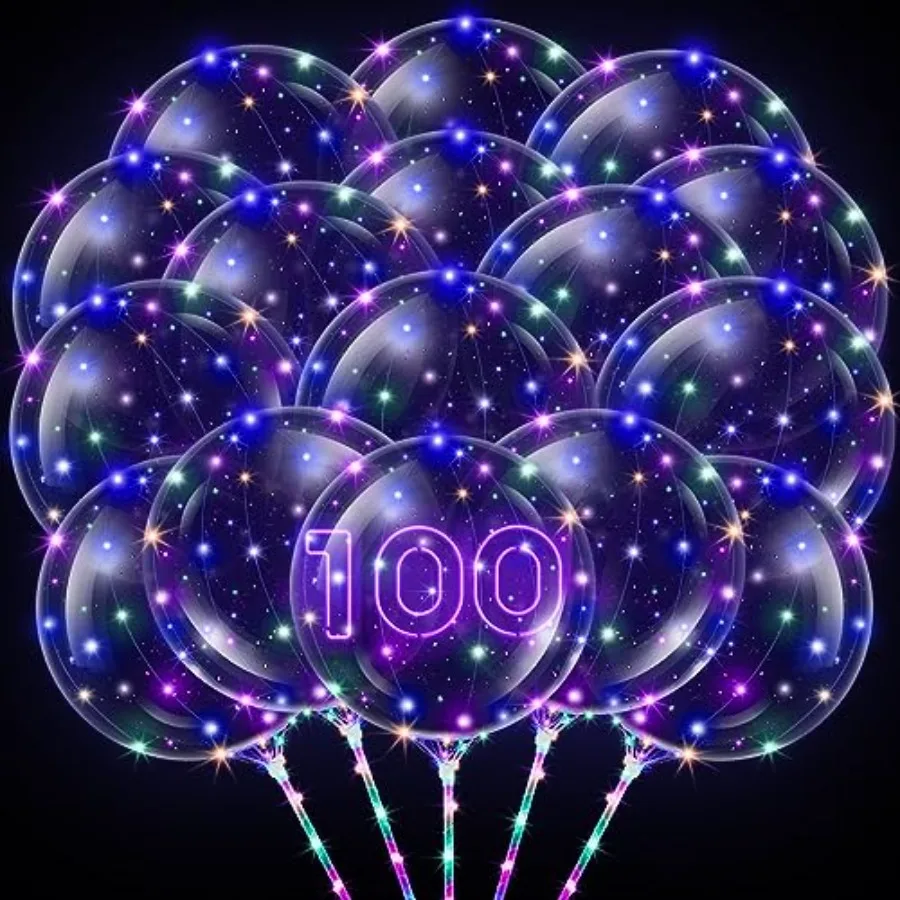 

100 Pcs Light up LED Balloons Bulk 20 Inches Clear Flashing Glow in The Dark Balloon with Handles and String Lights for Easter