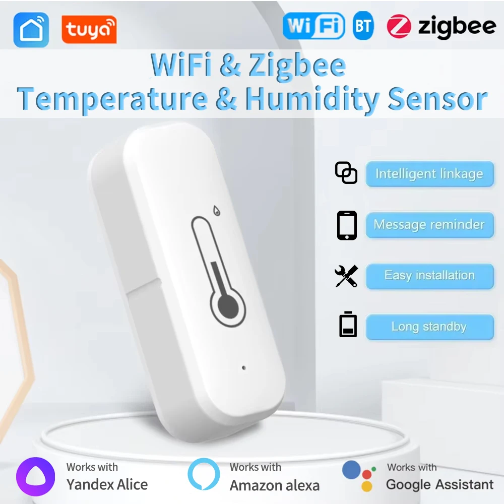 Tuya WiFi & Zigbee مستشعر درجة الحرارة والرطوبة الذكي مع جهاز مراقبة عن بعد وتنبيه إشعار التطبيق، مقياس حرارة داخلي عالي الدقة