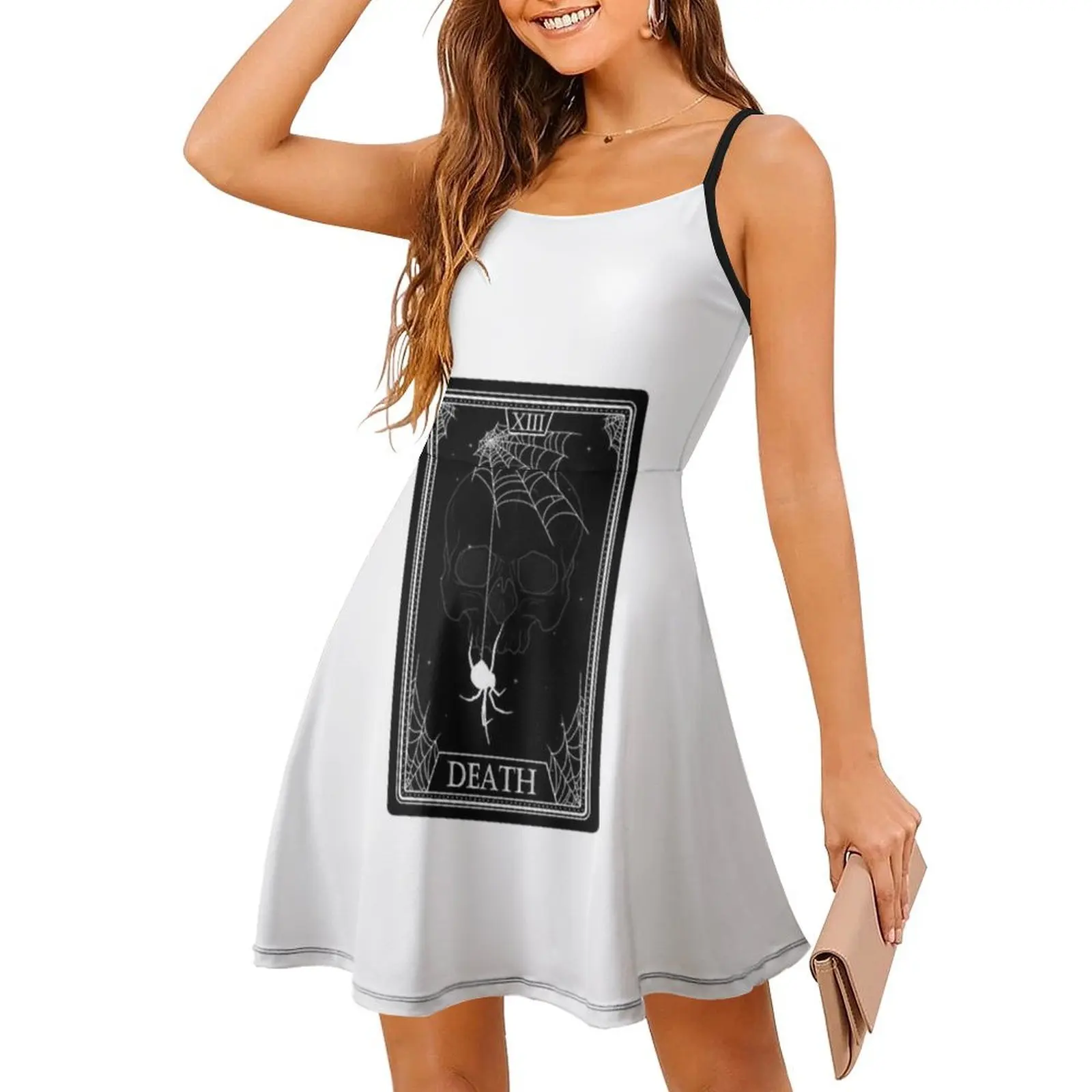 Gaun Tarot Card Death Boho Chic, Gaun Pesta Pernikahan Pantai yang Elegan, Gaun Pesta Tarot Card Death dengan Motif Jaring Laba-laba dan Tengkorak