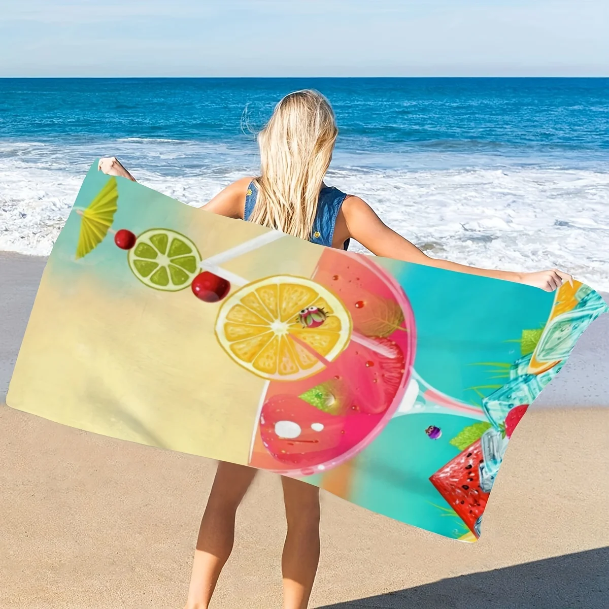 Printing Drink Pattern Seaside Beach Towel Summer Microfiber Beach Towel Bath Towel for Yoga Fitness Swimming Camping