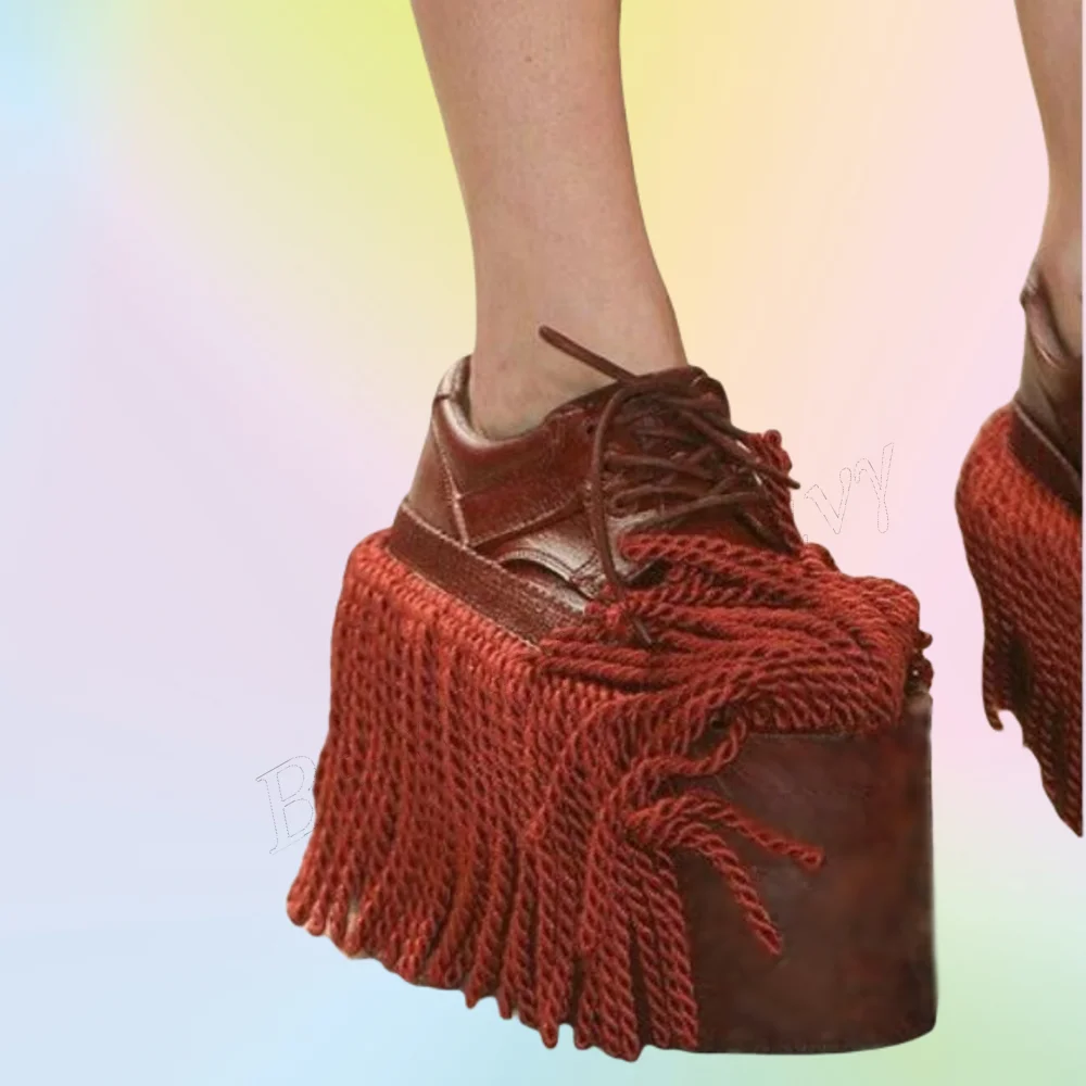 

Red Fringe Decor Wedges Heel Platform Sandals Heels Round Toe Thin Heel High Shoes for Women Wedding Shoes 2025 Zapatillas Mujer