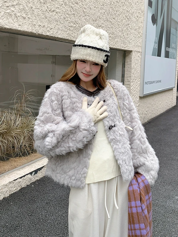 Lamb Fur Jaet Women's ort Thiened Autumn Winter New Sle Cute Original Design Stand Fit round Ne Button Closure Coat