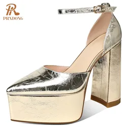PRXDONG INS New Sexy Chunky High Heels Thick Platform Spring Summer Leather Gold Silver Dress Party Wedding Lady Shoes Pumps 39