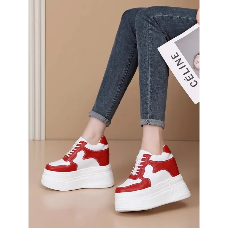 2024 Spring Women Vulcanize Shoes with 12CM Wedge Heels and Platform Soles for Short Girls and Skinny Look in Small White Shoes