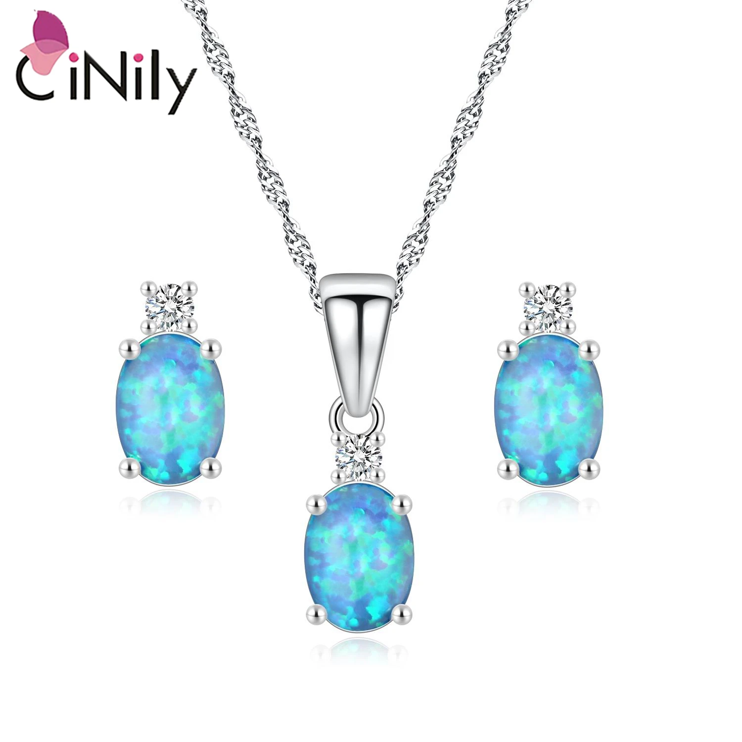 CiNily Fashion Created Blue Fire Opal Jewelry Sets for Women Silver Plated Wholesale Oval Stone Necklace Pendant&Stud Earrings