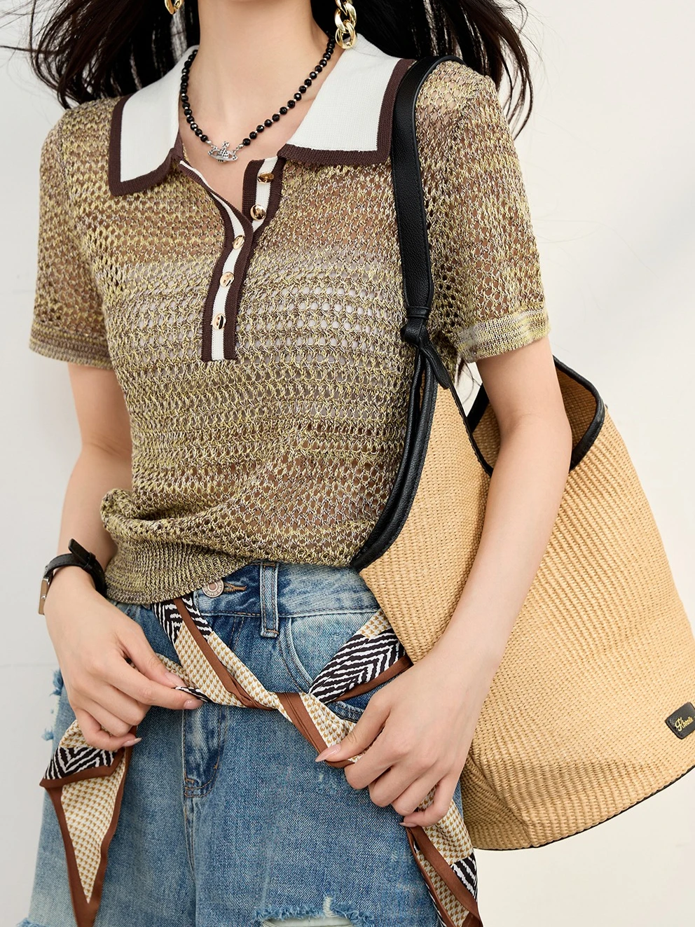 New American Retro Y2K Color Block Lapel T-Shirt Summer Gold Brown Hollow Out Loose Top Unique Design Casual Short Sleeve Top