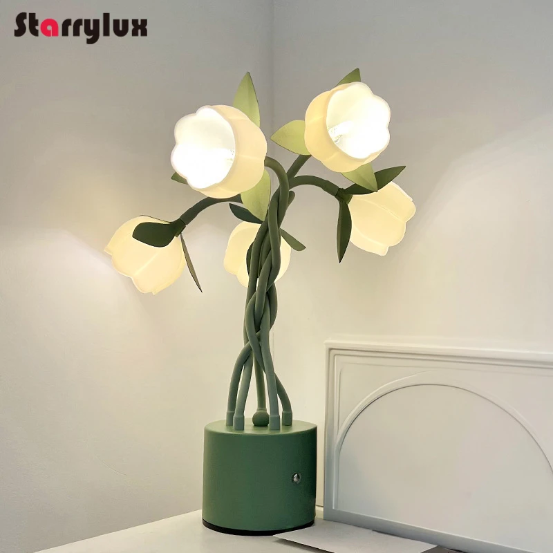 French Country Mini Lily of The Valley Table Lamp - 5 Head Bedside Nightstand Lamp, Acrylic Shade Warm Light for Home Decor - Image 3