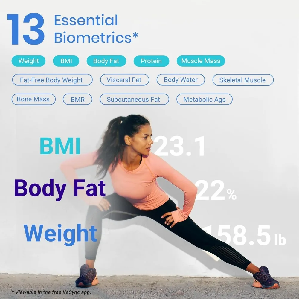 مقياس الجسم الرقمي الذكي مع تحليل نسبة الدهون في مؤشر كتلة الجسم، مزامنة تطبيق بلوتوث لتتبع اللياقة البدنية، سعة 400 رطل