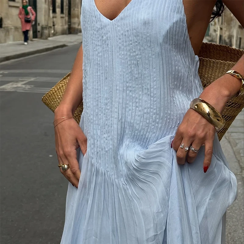 Light Blue Pleated Sling Long Dresses Women Sexy Backless Sleeveless A Line Robes Elegant Female Evening Party Club Gowns Sdbd07149942845589c30904a5e2fa85ek