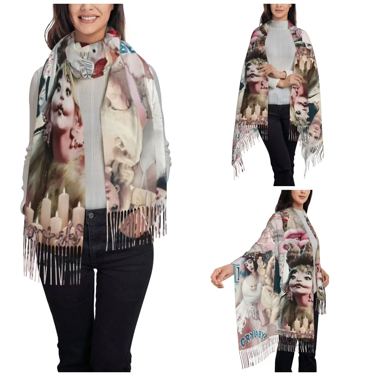 Womens Scarf with Tassel Melanie Martinez Tour 2024 Long Winter Fall Shawl Wrap Daily Wear Pashmina Scarves