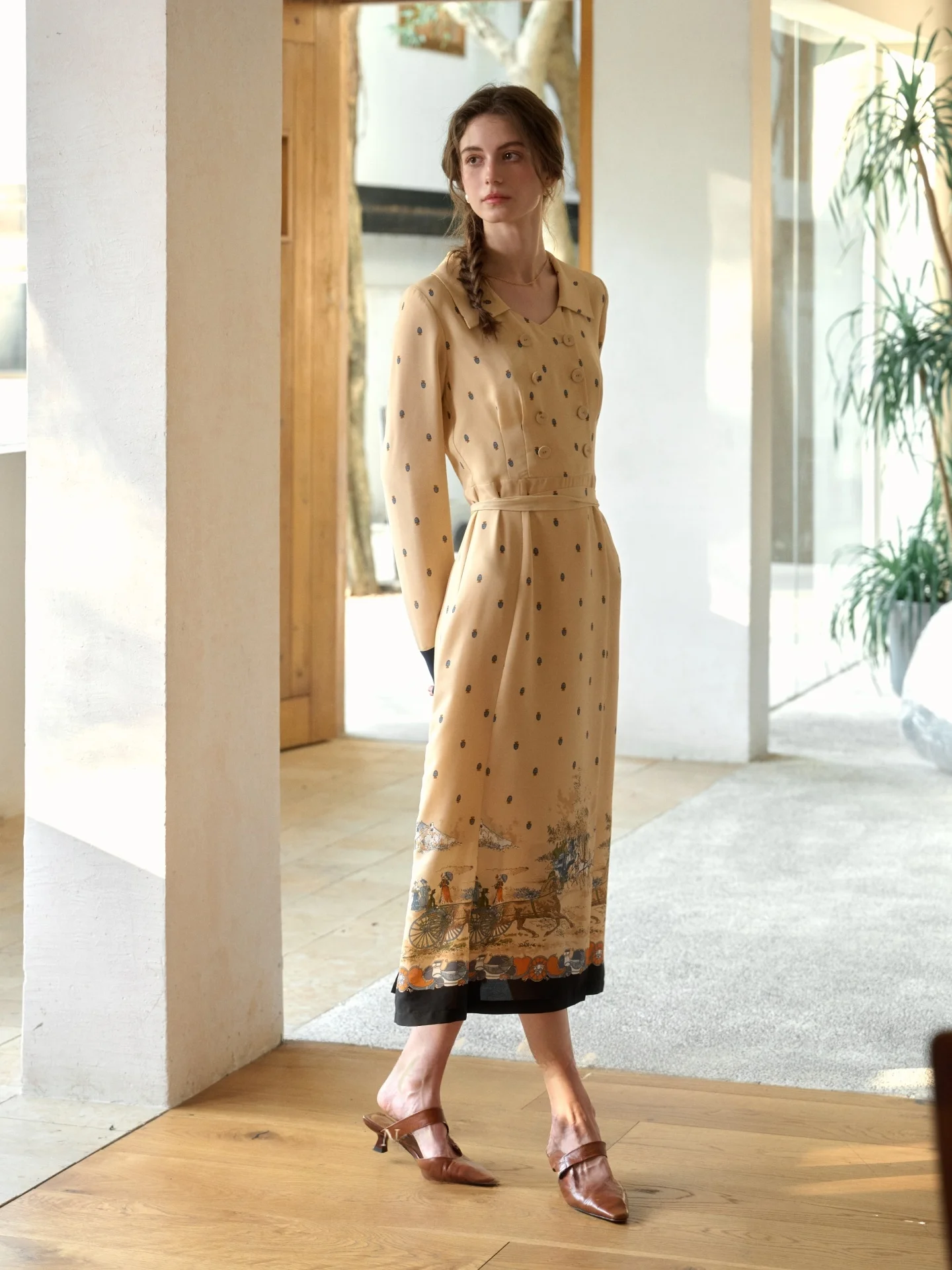 

Retro Polka Dot Print Long Sve Women's Dr Button Closure Slim Fit A-Line Skirt Sle Comfortable Breathable Polyester F...