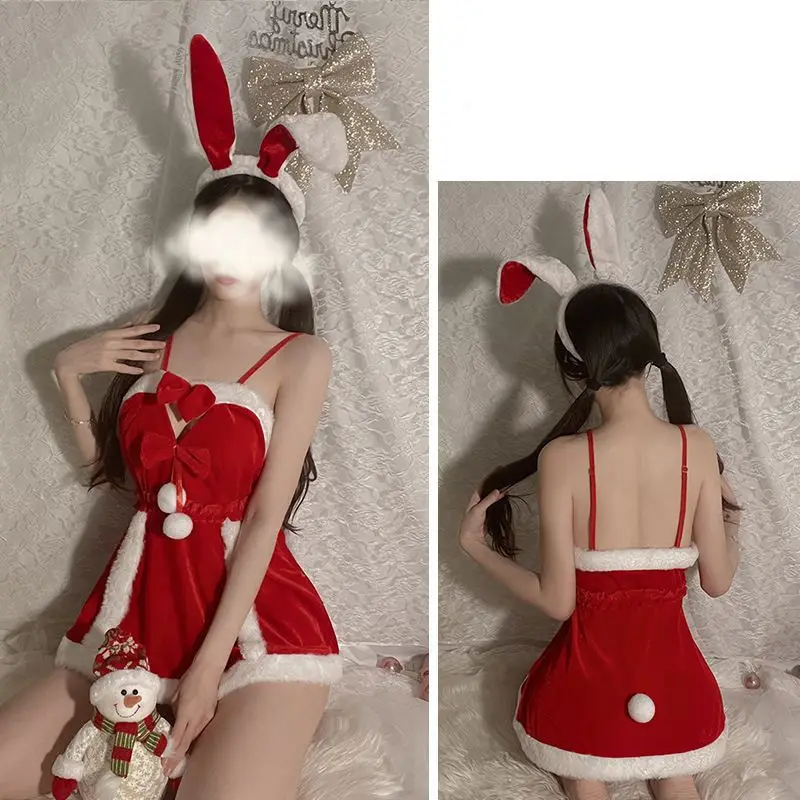 New Sexy Lingerie Christmas Uniform Match Red Dress Soft and Comfortable T Pants Rabbit Ear Headband for Women Cosplay Gift