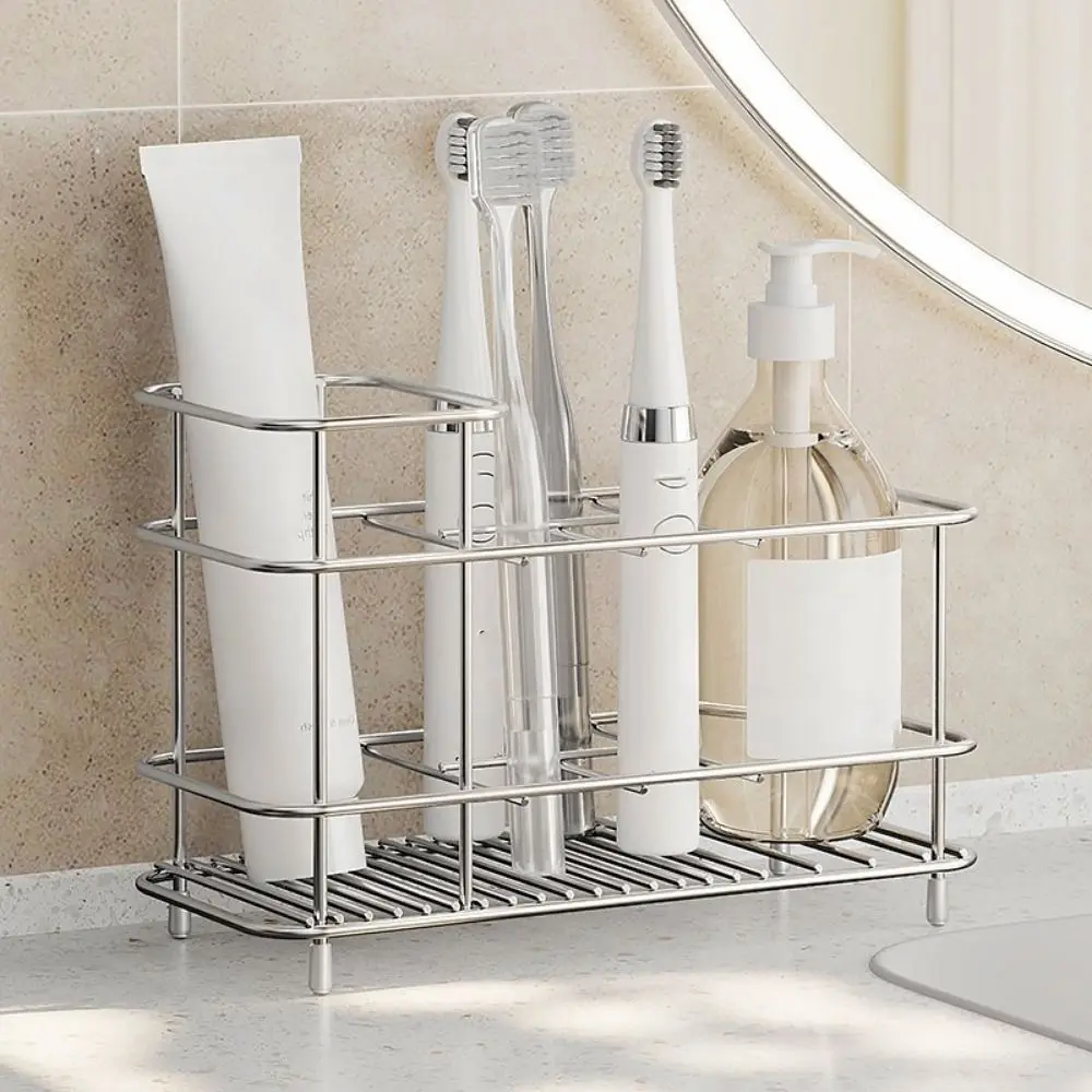 

Stainless Steel Toothbrush Holder Multi-slot Saving Space Toothpaste Holder Non-Slip Mouthwash Cup Storage Rack Vanity