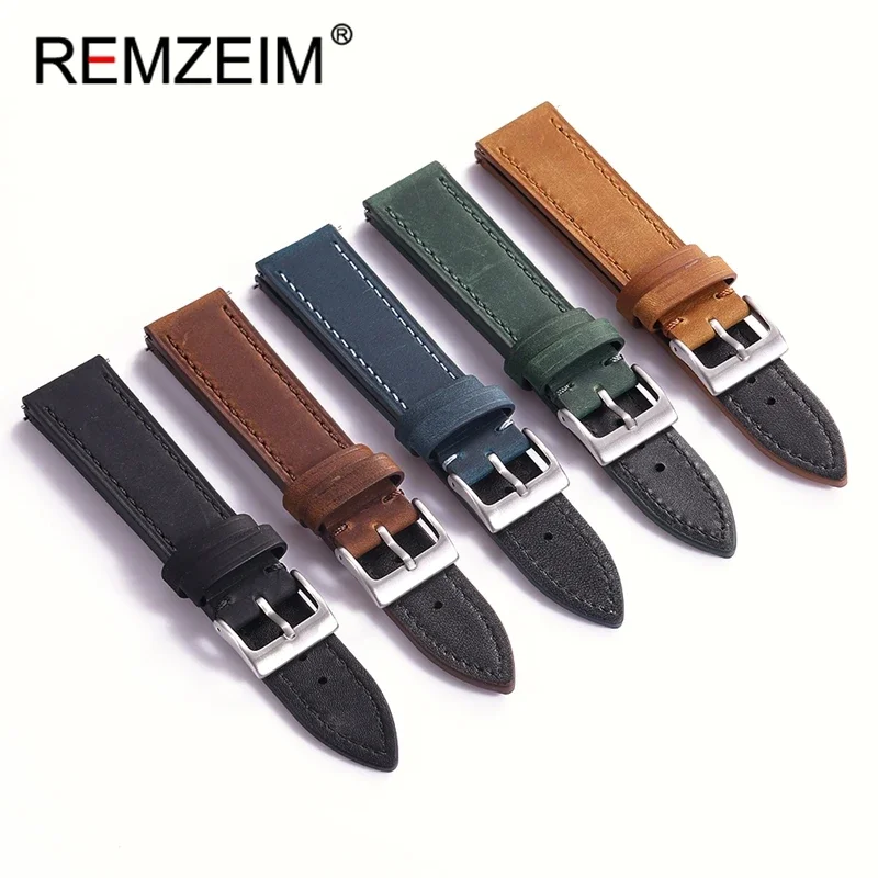 

Crazy Horse Leather Watch Band 18mm 19mm 20mm 21mm 22mm Smartwatch Strap Quick Release Black Green Brown Wristwatch Bracelet