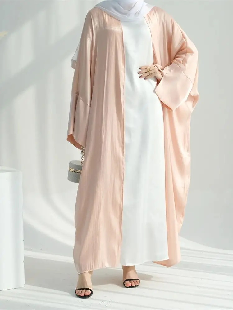 Black Muslim Women Satin Kimono Abaya Damen Dubai Elegant Luxury Kaftan Modest Dress Islam Caftan Marocain Robe Femme Musulmane