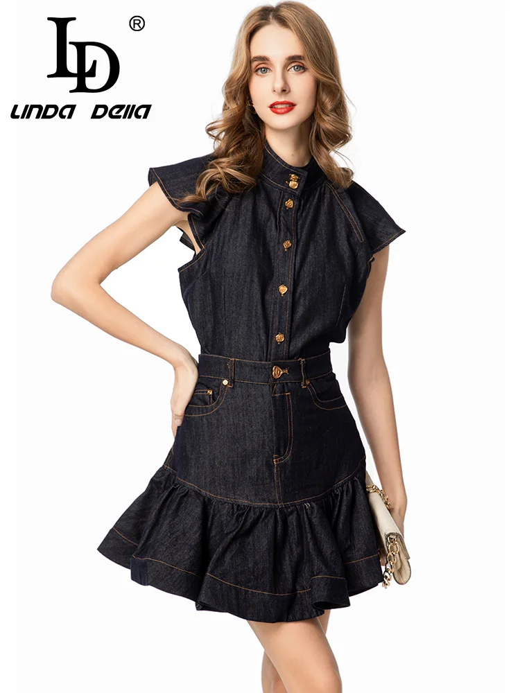 

LD LINDA DELL Black denim half skirt stand collar ruffle edge commuting casual girl style high waisted denim two-piece set