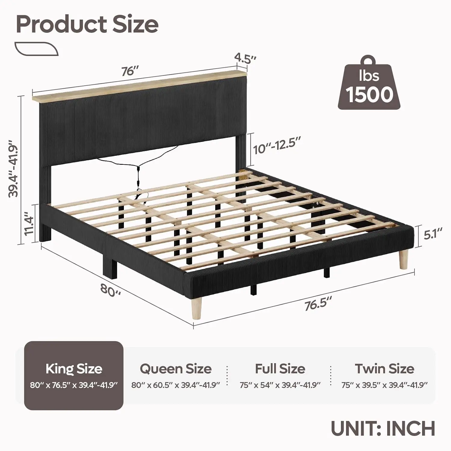 Upholstered King Bed Frame Storage Headboard LED Shelf RGB USB Corduroy Wood Slat No Box Spring Anti-Squeak Easy Assembly, Custo
