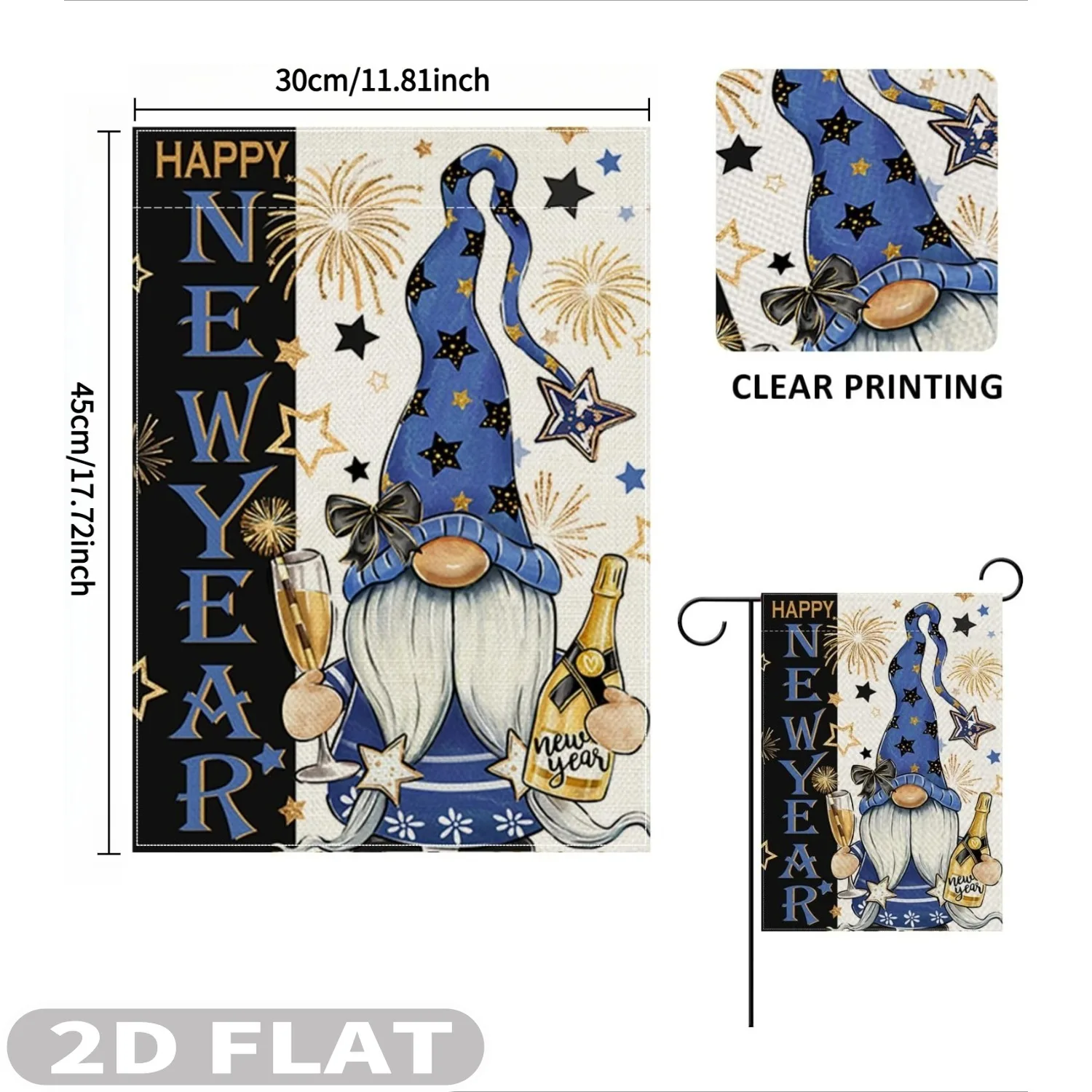 1 قطعة سنة جديدة سعيدة 2026 جنوم حديقة الزخرفية العلم ، البوليستر دائم 12x18 بوصة/28x40 بوصة الذهبي ستار عطلة حفلة في الهواء الطلق #3