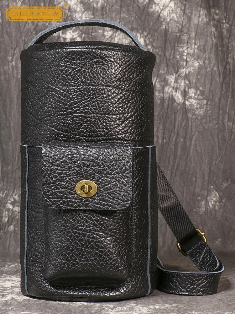 Vintage Male Motorcycle Riding Cowskin Genuine Leather Zipper Mens Messenger Bag Casual Single Shoulder Round Chest Travel Bag