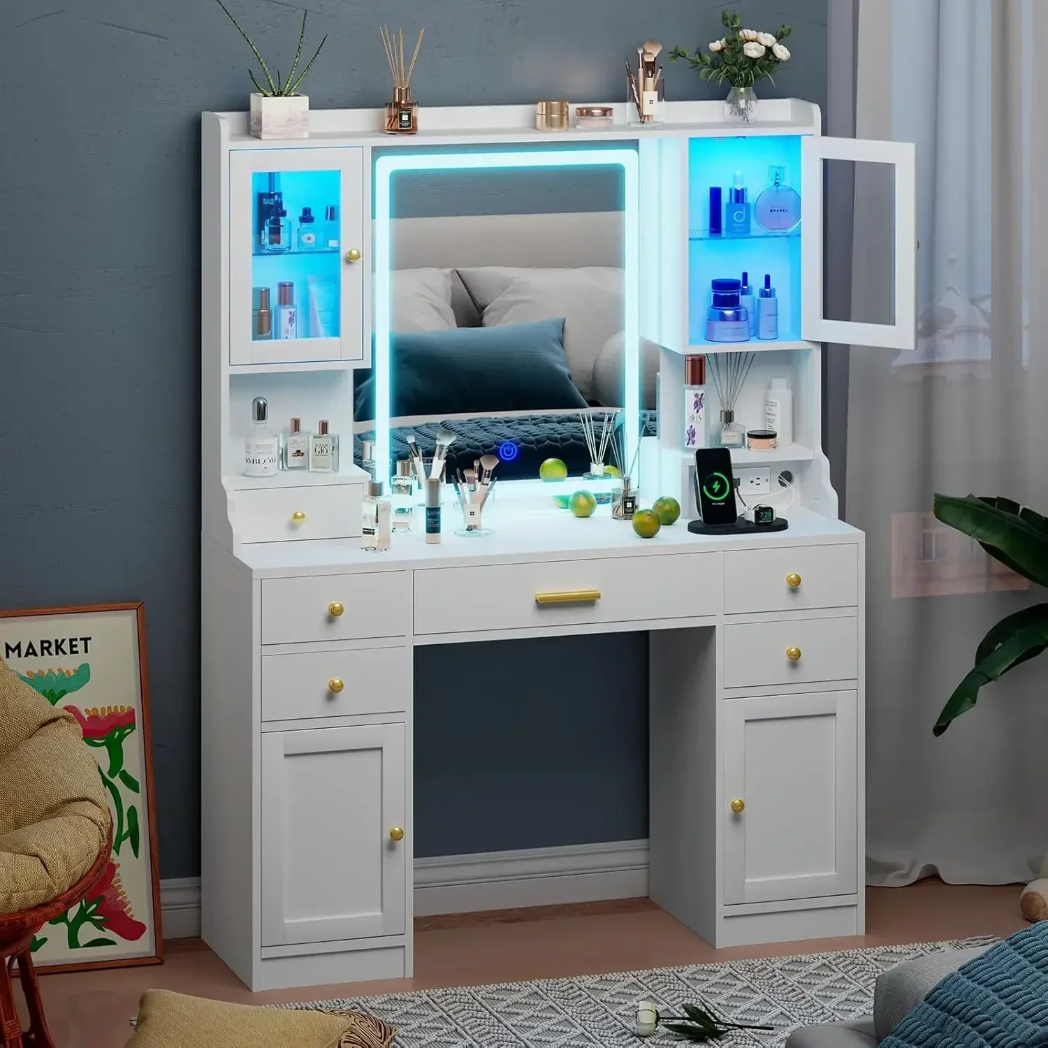 

White Vanity Desk with Mirror, Lights and Charging Station - Large Makeup Table Set with RGB Cabinets and 3 LED Light Modes