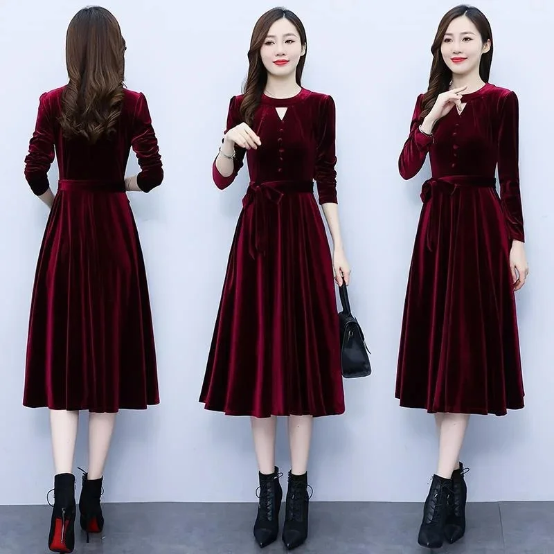 

New Autumn Fashion Golden Velvet Dress Women Mother Temperament Slim Casual Elegant Party With Belt Dresses Female Vestidos