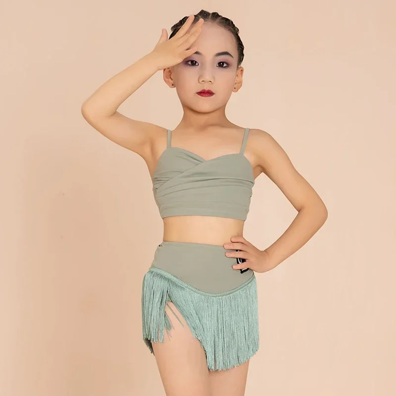 Zomer Kinderen Latin Danskleding Meisjes Oefenkleding Zwart Vest Franje Rok Cha Cha Samba Dansjurken Kwastje Kostuum Bl10563