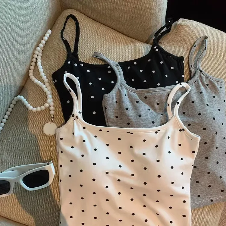 Retro Polka Dot Strap Vest Women's Summer Slim Fit Versatile Small Quantity Dopamine Beautiful Back Top Short Pure Color