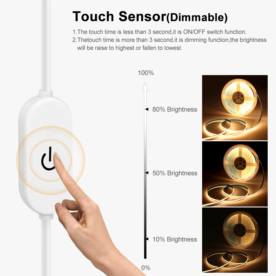 Tira de luces LED COB USB, cinta adhesiva de alta densidad con atenuador táctil/Sensor de movimiento PIR, para el hogar y la habitación, DC 5V,