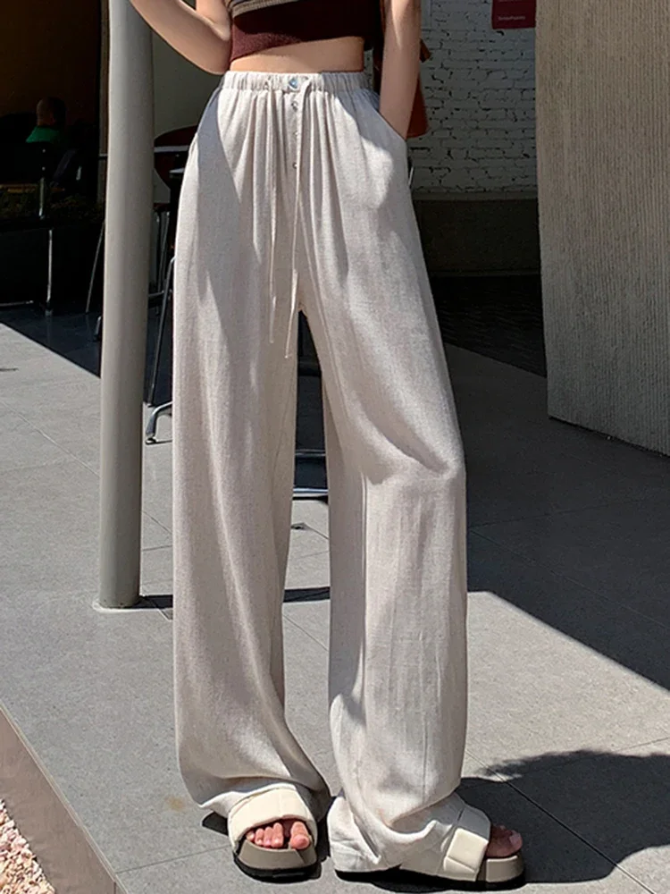 

New Solid Color Street Full Length Simple Women Pants Summer Thin Style Fashion Drawstring Loose Straight Female Wide Leg Pants