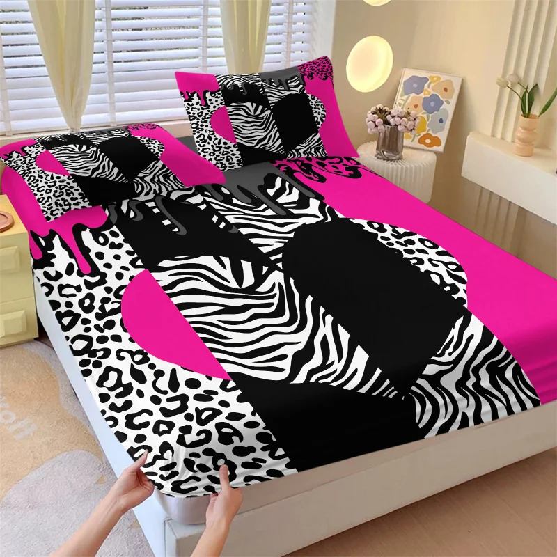 Hot Pink Drip Zebra Leopard Spliced Print Fitted Sheet Set Elastic Non-slip Soft Fabric Y2K Coquette Trendy Dorm Bedroom Bedding