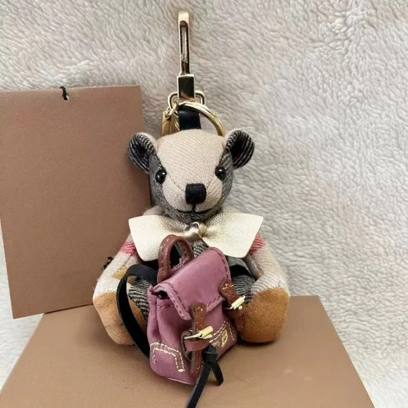 Cute Cashmere Plaid Teddy Bear Backpack Plush Doll Car Keychain Hanging Ornament Couple Bag Charm Pendant Gift Women