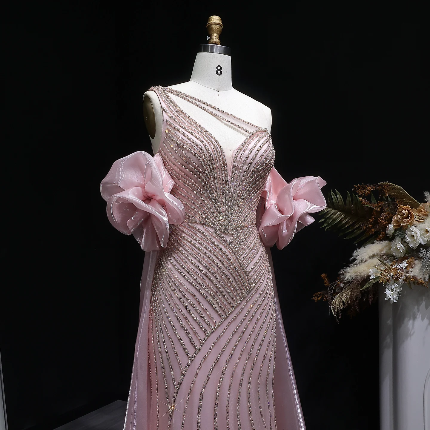 Sharon Said Dubai Luxuriöses Einschultriges Abendkleid mit Langer Schleppe, Stark Perlenbestickt, Saudi-Arabisches Damen-Abendkleid SS016 Maßanfertigung – Detail 18