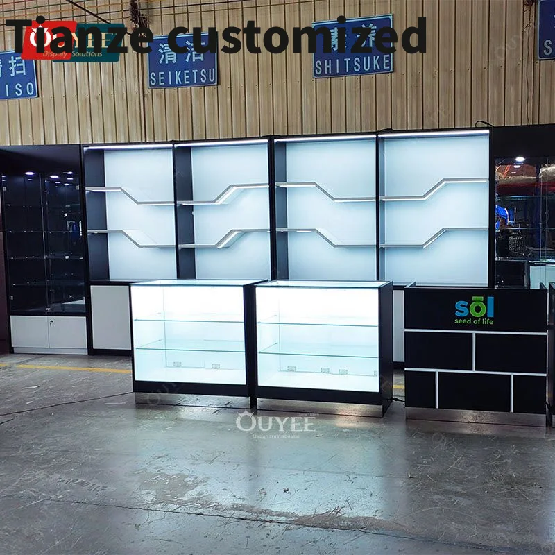 

Customized-Custom Tempered Glass Kiosk Furniture Store Glass Shelf Smoke Shop Display Glass Countertop Display Cabi