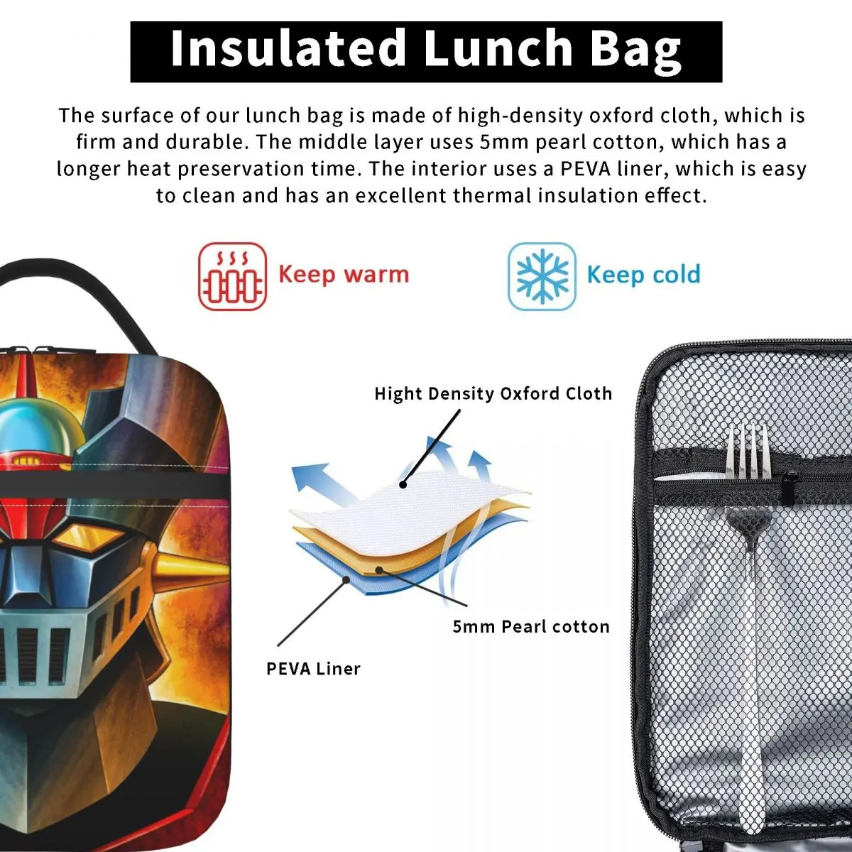 UFO Robot Mazinger Z Thermal Insulated Lunch Bags Anime Manga Portable Lunch Tote for Outdoor Camping Travel Storage Food Box